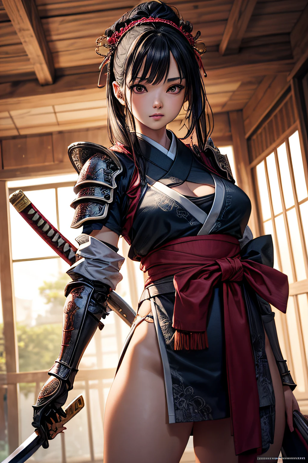 young teen girl, medieval samurai, armored kimono, wielding a katana, small breasts,, highly detailed, vibrant appearance, creative behavior, extremly detailed, imaginative, sensual, spontaneous, highest quality, skin texture, intricate details, (cinematic lighting), RAW photo, 8k, masterpiece,best quality,ultra-detailed,very detailed illustrations,extremely detailed,intricate details,highres,super complex details,extremely detailed 8k cg wallpaper,