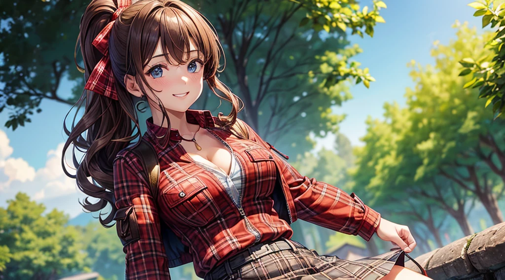 1girl, solo, trees, sun, clouds, autumn, colorful trees, falling leaves, ((brown hair)), ponytail, huge breasts, ((white jacket)), button down shirt, ((black shirt)), ((unbuttoned shirt)), unbuttoning buttons, (full cleavage)), blue eyes, red checked skirt, brown boots, smile, happy, looking at the viewer, walking, hair ribbon, golden necklate