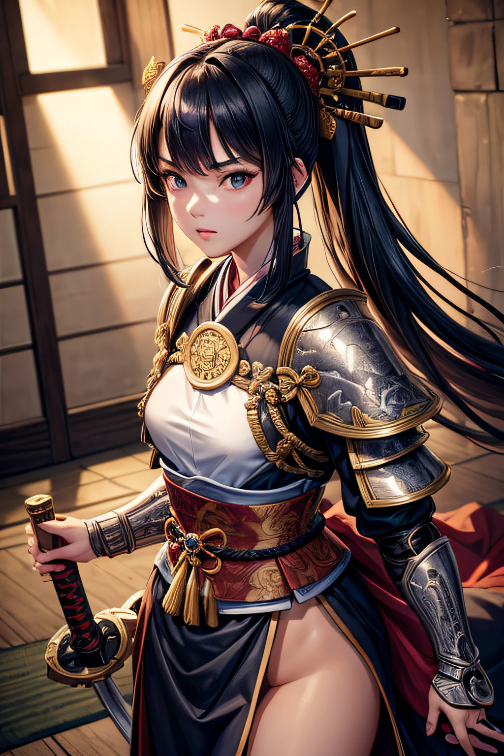 , medieval samurai, armored kimono, wielding a katana, small breasts,, highly detailed, vibrant appearance, creative behavior, extremly detailed, imaginative, sensual, spontaneous, highest quality, skin texture, intricate details, (cinematic lighting), RAW photo, 8k, masterpiece,best quality,ultra-detailed,very detailed illustrations,extremely detailed,intricate details,highres,super complex details,extremely detailed 8k cg wallpaper,