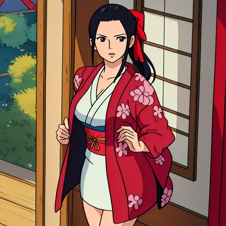 ((best quality)), ((master part)), ((Antecedentes detalhados)), ((High quality illustration)), Nico RObin, Wanostyle, 1girl, cabelos pretos, ((Black jacket)), olhos azuis, seios, clivagem, 鎖骨, fita de cabelo, (suit jacket, jaqueta nos ombros, Roupas japonesas, quimono), seios grandes, cabelos longos, Olhando para o Viewer, Obi, separated-lips, rabo-de-cavalo, (jaqueta estampa, quimono de estampa, Red ribbon, fita, cinta), sozinho, Coxas, dentro, quimono branco, Miyazaki Hayao