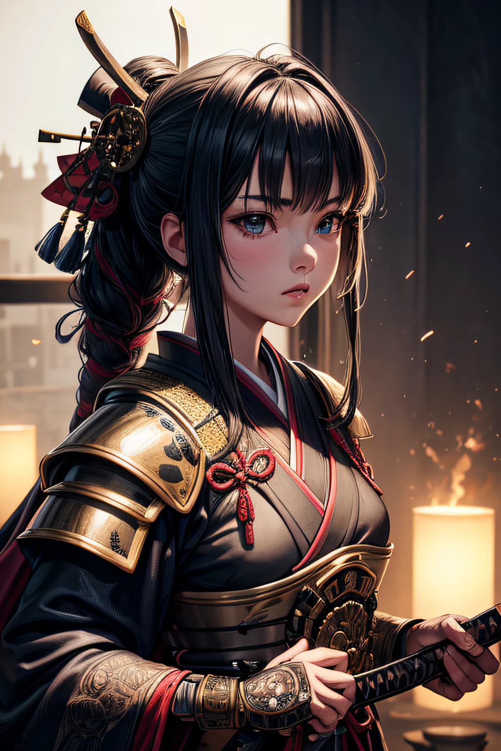 young teen girl, medieval samurai, armored kimono, wielding a katana, small breasts,, highly detailed, vibrant appearance, creative behavior, extremly detailed, imaginative, sensual, spontaneous, highest quality, skin texture, intricate details, (cinematic lighting), RAW photo, 8k, masterpiece,best quality,ultra-detailed,very detailed illustrations,extremely detailed,intricate details,highres,super complex details,extremely detailed 8k cg wallpaper,