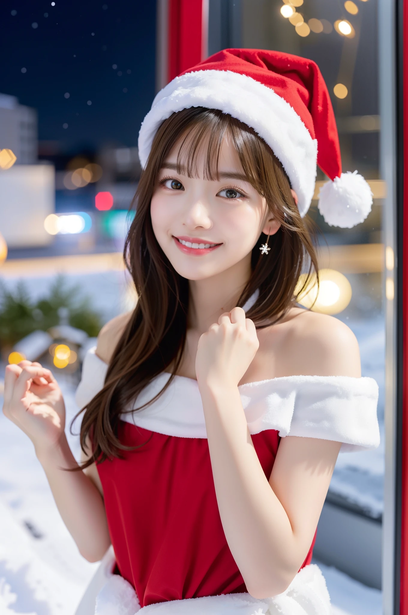 (Best Quality,4K,8K,hight resolution,masutepiece:1.2),Ultra-detailed,(Realistic,Photorealistic,Photorealsitic:1.37),young girl in santa claus costume,Short hair,Soft smile,Off-shoulder,Highest quality materials,Festive atmosphere,warm and cozy room,Twinkling Christmas Lights,Decorated Christmas Tree,Colorful presents,Sparkling snowflakes,Delicate ornaments,Joyful expression,Beautifully wrapped gifts,magical feeling vibes,snow-covered window,Red Santa Hat,Innocent and pure,playful and cheerful,Rooftop background,Excitement in the air,Holiday spirit,Festive decorations,Vibrant colors,peaceful and serene,anticipation,magic unicorn toy,Adorable and adorable,attractive and lively,Heartwarming scenes,unforgettable holiday memories、scapular、Looks Back