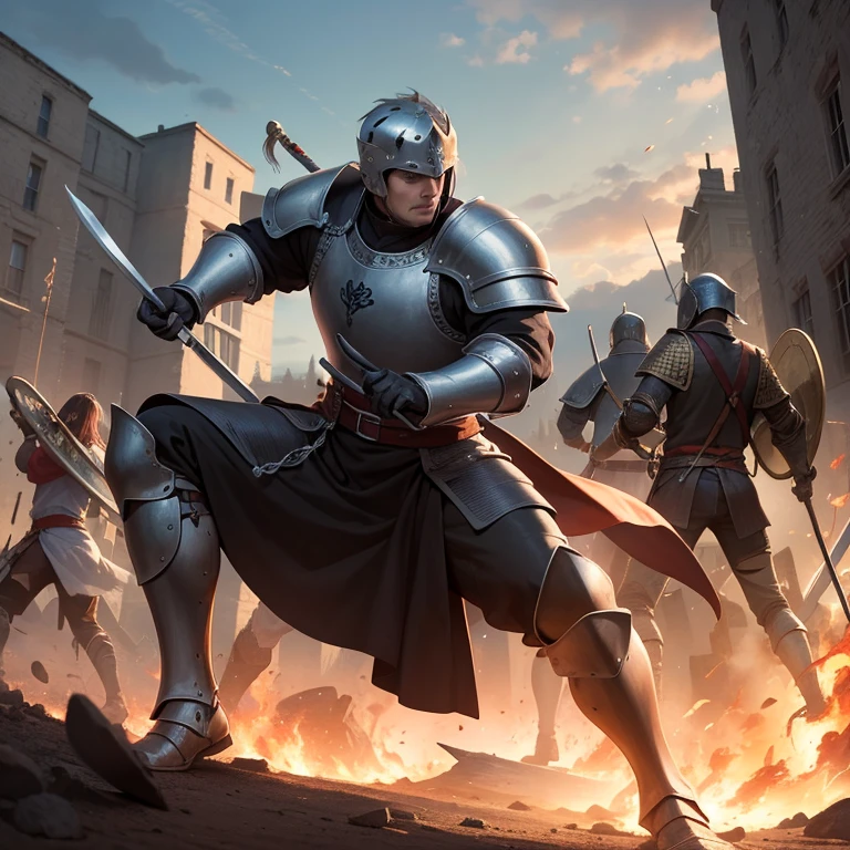 Please create a high-quality image with an epic scene of medieval warriors on a battlefield. The warriors should be portrayed with great detail and realism, wearing impressive armor and wielding powerful swords. The atmosphere of the scene should be cinematic, highlighting the action and bravery of the warriors. Please ensure that the final image conveys a sense of heroism and determination. The level of detail and the quality of the image should be exceptional, providing a vivid and impactful representation of the medieval warriors in action.