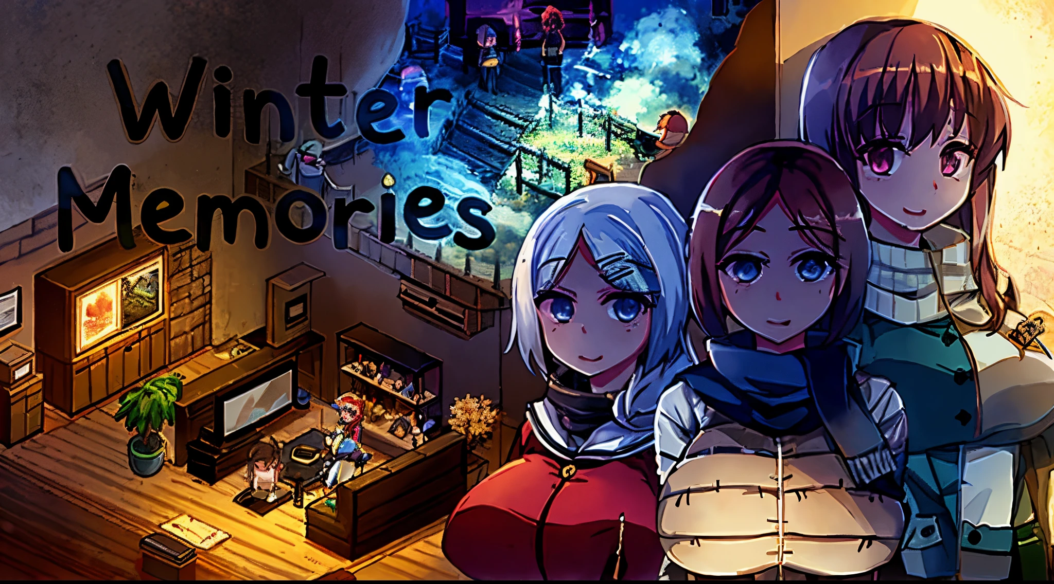 Imagen arafeada de un grupo de personas paradas en una sala de estar., Novela visual, Novela visual CG, ; Novela visual, novela visual clave visual, inspirado por Josetsu, Portada de un nuevo videojuego, designed for cozy aesthetics!, Juego de aventuras point-and-click, Buenos recuerdos, invierno, PC captura de pantalla, Portada del anime, Creador de RPG, Hecho en RPG Maker