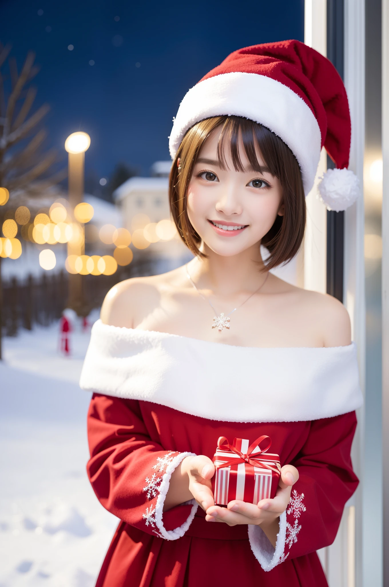 (Best Quality,4K,8K,hight resolution,masutepiece:1.2),Ultra-detailed,(Realistic,Photorealistic,Photorealsitic:1.37),young girl in santa claus costume,(Short hair),Soft smile,Off-shoulder,Highest quality materials,Festive atmosphere,warm and cozy room,Twinkling Christmas Lights,Decorated Christmas Tree,Colorful presents,Sparkling snowflakes,Delicate ornaments,Joyful expression,Beautifully wrapped gifts,magical feeling vibes,snow-covered window,Red Santa Hat,Innocent and pure,playful and cheerful,Rooftop background,Excitement in the air,Holiday spirit,Festive decorations,Vibrant colors,peaceful and serene,anticipation,magic unicorn toy,Adorable and adorable,attractive and lively,Heartwarming scenes,unforgettable holiday memories、scapular、Looks Back