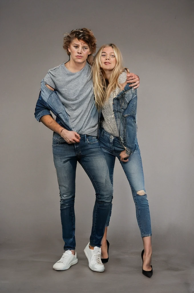 arafed image of a man and a woman posing for a picture, jeans, jeans and t shirt, denim jeans, couple pose, wearing jeans, double denim, wearing denim, blue jeans, jeans pants, commercial photo, casual pose, ( ( ( wearing jeans ) ) ), photoshoot, tight denim jeans, wearing a shirt and a jean, full body model, standing in a shower, soaking wet, water pouring through clothes, standing under shower head, SoakingWetClothes, man peeing self, woman peeing self