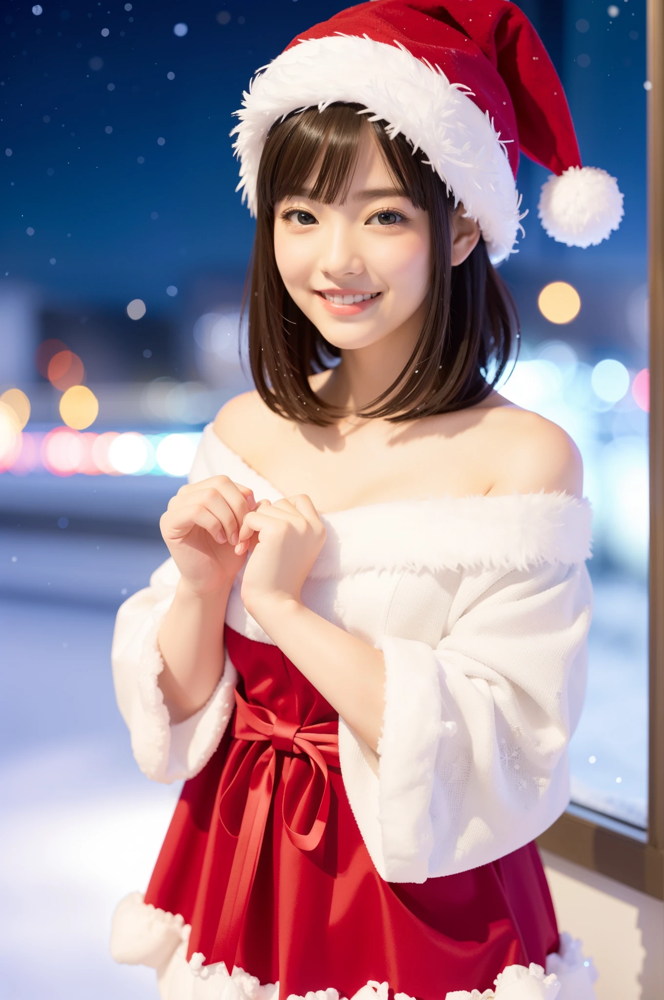 (Best Quality,4K,8K,hight resolution,masutepiece:1.2),Ultra-detailed,(Realistic,Photorealistic,Photorealsitic:1.37),young girl in santa claus costume,(straight and short hair),Soft smile,Off-shoulder,Highest quality materials,Festive atmosphere,warm and cozy room,Twinkling Christmas Lights,Decorated Christmas Tree,Colorful presents,Sparkling snowflakes,Delicate ornaments,Joyful expression,Beautifully wrapped gifts,magical feeling vibes,snow-covered window,Red Santa Hat,Innocent and pure,playful and cheerful,Rooftop background,Excitement in the air,Holiday spirit,Festive decorations,Vibrant colors,peaceful and serene,anticipation,magic unicorn toy,Adorable and adorable,attractive and lively,Heartwarming scenes,unforgettable holiday memories、scapular、Looks Back