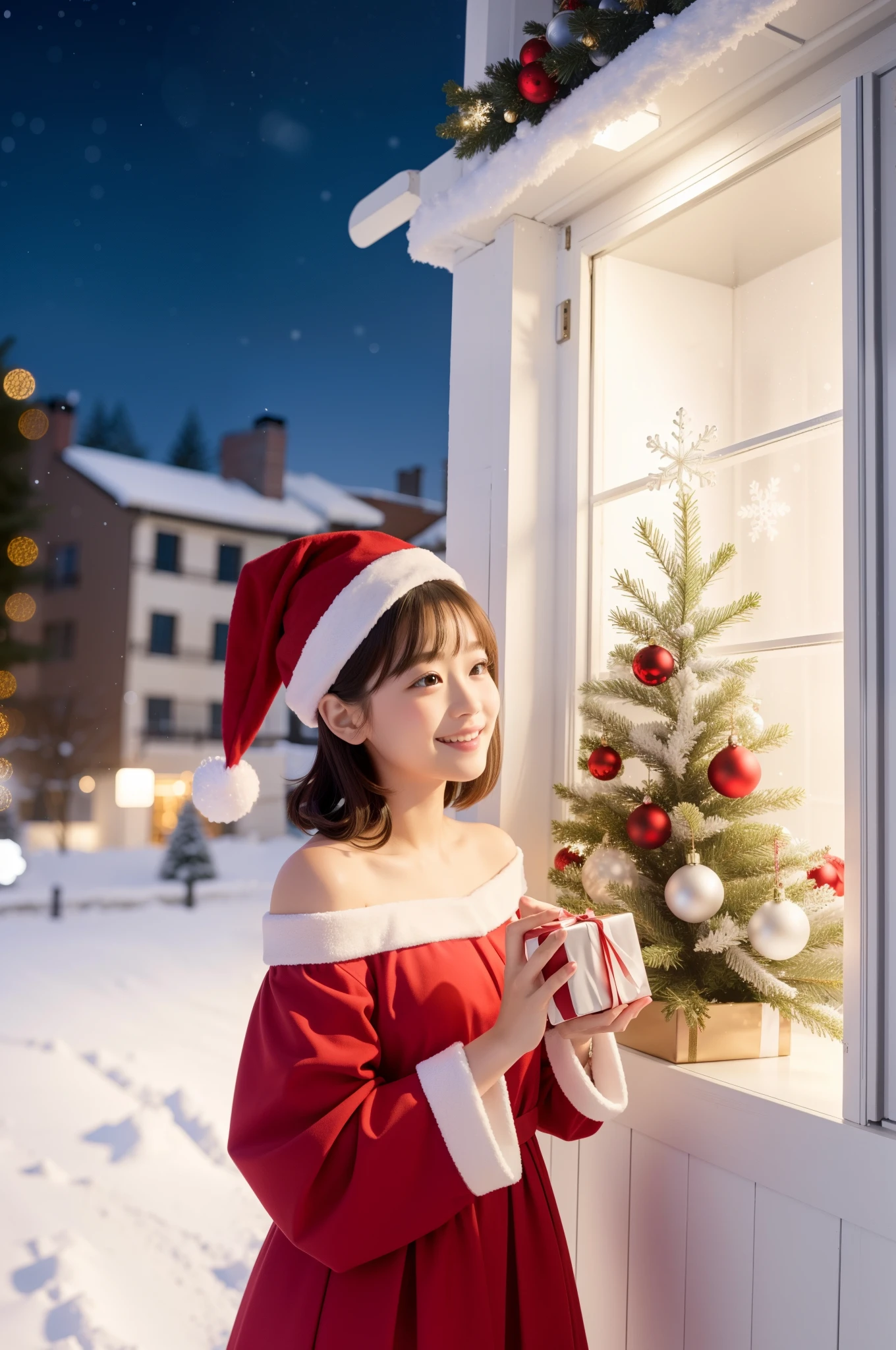 (Best Quality,4K,8K,hight resolution,masutepiece:1.2),Ultra-detailed,(Realistic,Photorealistic,Photorealsitic:1.37),young girl in santa claus costume,(straight and short hair),Soft smile,Off-shoulder,Highest quality materials,Festive atmosphere,warm and cozy room,Twinkling Christmas Lights,Decorated Christmas Tree,Colorful presents,Sparkling snowflakes,Delicate ornaments,Joyful expression,Beautifully wrapped gifts,magical feeling vibes,snow-covered window,Red Santa Hat,Innocent and pure,playful and cheerful,Rooftop background,Excitement in the air,Holiday spirit,Festive decorations,Vibrant colors,peaceful and serene,anticipation,magic unicorn toy,Adorable and adorable,attractive and lively,Heartwarming scenes,unforgettable holiday memories、scapular、Looks Back