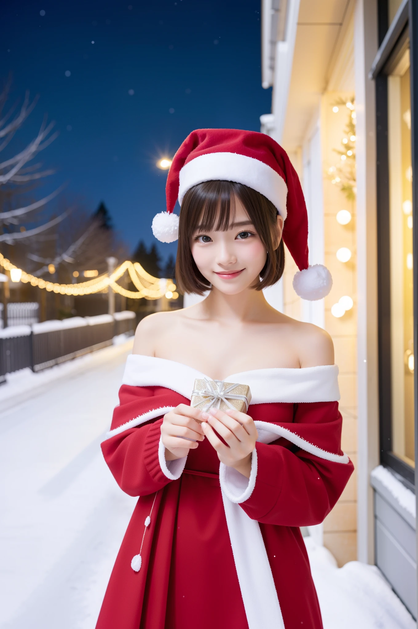 (Best Quality,4K,8K,hight resolution,masutepiece:1.2),Ultra-detailed,(Realistic,Photorealistic,Photorealsitic:1.37),young girl in santa claus costume,Short hair,Soft smile,Off-shoulder,Highest quality materials,Festive atmosphere,warm and cozy room,Twinkling Christmas Lights,Decorated Christmas Tree,Colorful presents,Sparkling snowflakes,Delicate ornaments,Joyful expression,Beautifully wrapped gifts,magical feeling vibes,snow-covered window,Red Santa Hat,Innocent and pure,playful and cheerful,Rooftop background,Excitement in the air,Holiday spirit,Festive decorations,Vibrant colors,peaceful and serene,anticipation,magic unicorn toy,Adorable and adorable,attractive and lively,Heartwarming scenes,unforgettable holiday memories、scapular、Looks Back