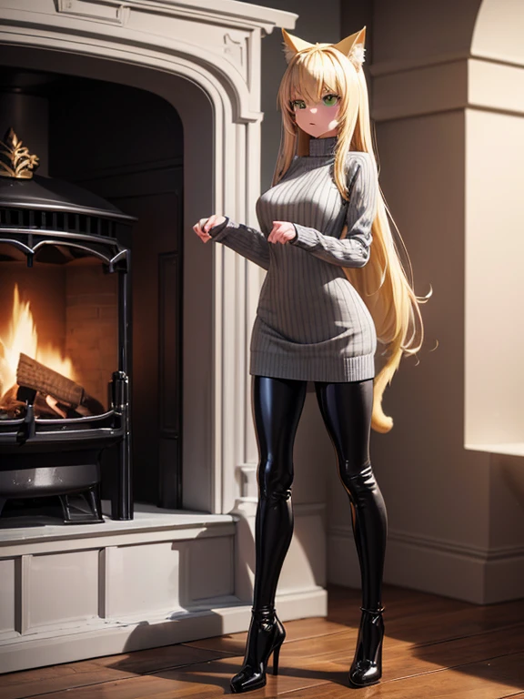 A girl, long blonde hair, blonde pointed neko cat ears, green eyes, wearing a grey sweater dress with black latex leggins, black heels, with a blonde cat tail, full body view, stands in front of a fireplace , high res, ultrasharp, 8K, 3D, masterpiece