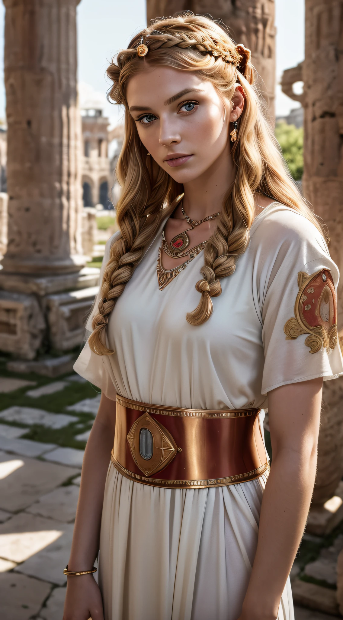 Roman empress Livia, wife of roman emperor Augustus, in her ancient roman imperial villa in Rome, strawberry blonde hair, (ancient roman hairstyle:1.6), beautiful 20 years old women, full body shot, sunny day, (wearing an ancient roman imperial tunic:1.5), (wearing a full set of ancient roman jewelry:1.4), slender body, masterpiece, best quality, high resolution:1.4), 1girl, purity, skin pores texture, HD , Photography, movie, cinematic, Realistic, (8k, RAW photo, best quality, masterpiece:1.2), (realistic, photo-realistic:1.33), best quality, detailed eyes light grey-blue, beautiful, , natural lighting, depth of field, film grain, wrinkled skin, pale skin, sharp, detailed and realistic full body shot, (freckles:0.5), staring at camera, noble look, chapped lips, soft natural lighting, full body photography, magical photography, dramatic lighting, photo realism, ultra-detailed, intimate full body shot composition, Leica 50mm, detailed roman imperial villa in Rome in the background