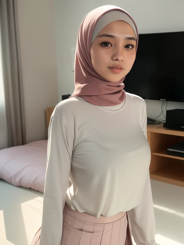 ((HIJAB MALAY GIRL)), ((masutepiece, Best Quality, hight resolution, nffsw, Perfect Pixel, 4K, nffsw, nffsw))), (The wind flipped my skirt and exposed my butt), ((HUGE BREAST)),