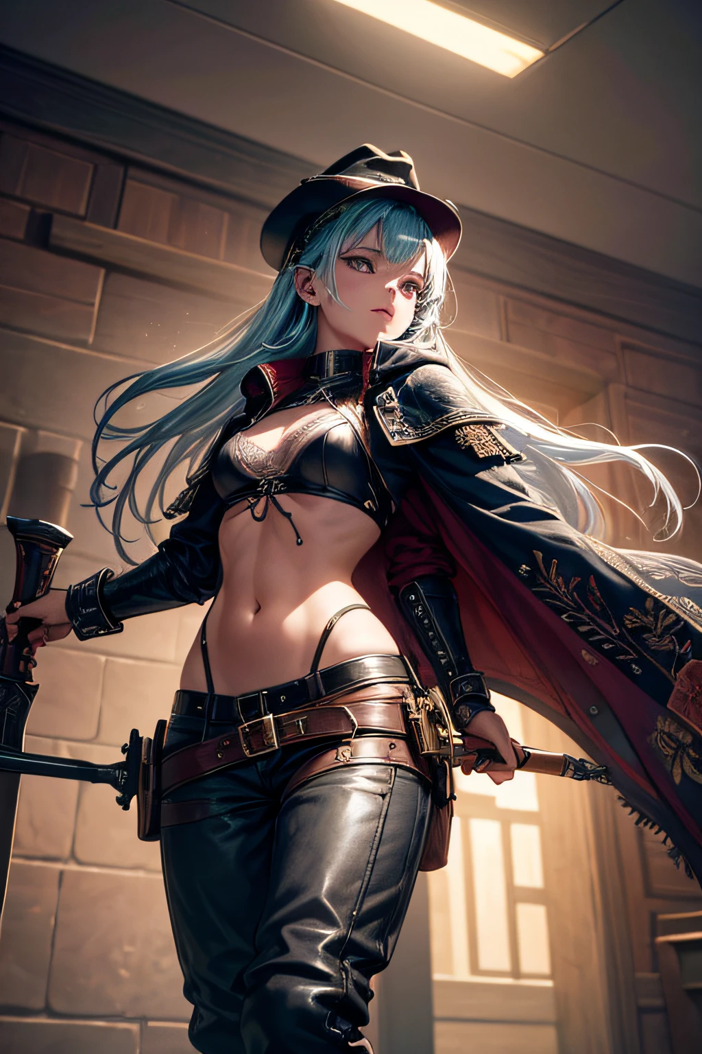 young teen girl, medieval gunslinger, long pants, boots, hat, coat, ,wielding pistols, small breasts,, highly detailed, vibrant appearance, creative behavior, extremly detailed, imaginative, sensual, spontaneous, highest quality, skin texture, intricate details, (cinematic lighting), RAW photo, 8k, masterpiece,best quality,ultra-detailed,very detailed illustrations,extremely detailed,intricate details,highres,super complex details,extremely detailed 8k cg wallpaper,