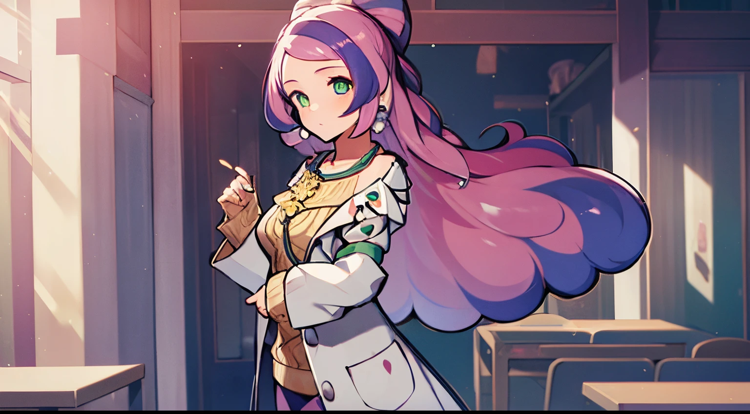 ((4k, masterpiece, top-quality)),8k, best quality, high resolution, HD, unity 8k wallpaper, (illustration:0.8), (beautiful detailed eyes:1.6), extremely detailed face, perfect lighting, extremely detailed CG, (perfect hands, perfect anatomy), super complex details, intricate details, (green eyes:1.2), looking at viewer, (cowboy shot:1.5), idol girl, delicate and beautiful face, intricate details, super cute girl, in a beautiful garden with super beautiful flowers, delicate and beautiful face, mature girl, idol girl, super beautiful asian girl with super beautiful glowing eyes, super beautiful glowing multicolored hair, super cute hairstyle,miriam, long hair, purple hair, 1girl, jewelry, green eyes, earrings, coat, looking at viewer, sweater, open coat, solo, skirt, white coat, open clothes, multicolored hair