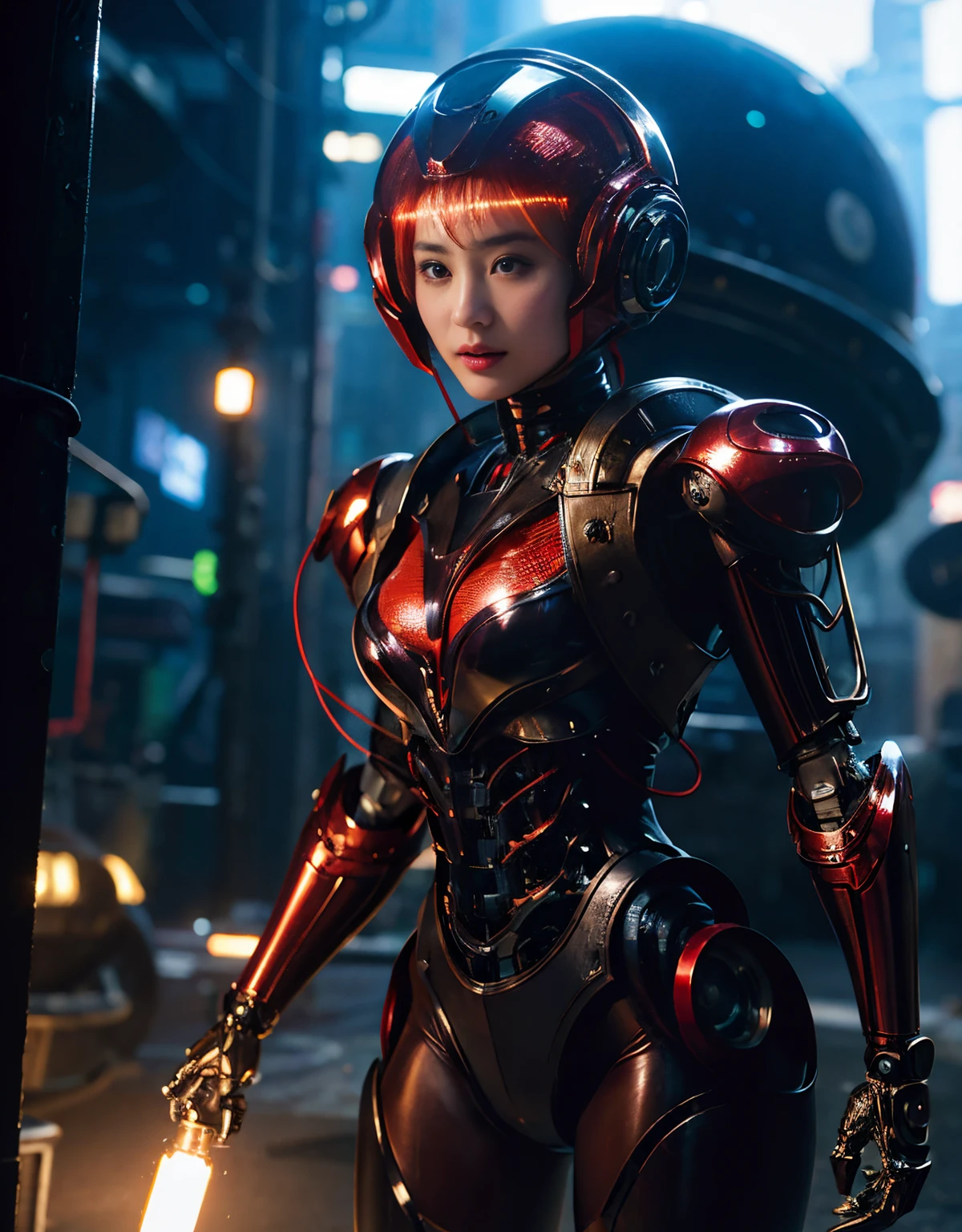 (1 mechanical girl and 1 alien)、（Mystical expression）、top-quality、​masterpiece、超A high resolution、(Photorealsitic:1.4)、Raw photo、1人、glowy skin、(((1 Mechanical Girl)))、（Red Metal Bodysuit）、(Natural alien background to fight aliens)、(Small LED)、((super realistic details))、vertical giant monster background),globalillumination、Shadow、octan render、8K、ultrasharp、Robot background、Colossal tits、Raw skin exposed in the cleavage、red metal、Details of complex ornaments、Japan details、highly intricate detail、Realistic light、(Mystical expression),CG Society Trenlow Eyes、Eyes shining towards the camera、Mechanical marginal blood vessels connected to neon detail tubes)、(Wires and cables connecting to the head)、Small LED、,Mechanical thighs、Toostock、（Hands are also made of machines）、机器人、future alien、Please wear a mechanical helmet、