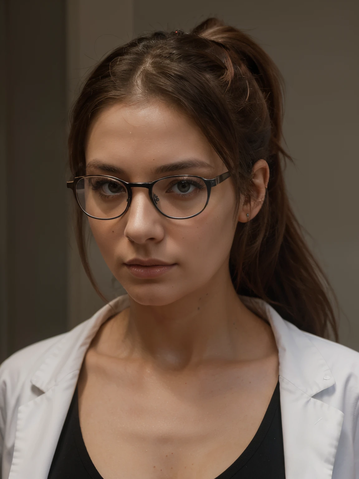 (8k, ultra high res, best quality, high_quality, masterpiece:1.2), sexy female doctor, hair in ponytail, wearing glasses, concerned look on her face, eye contact