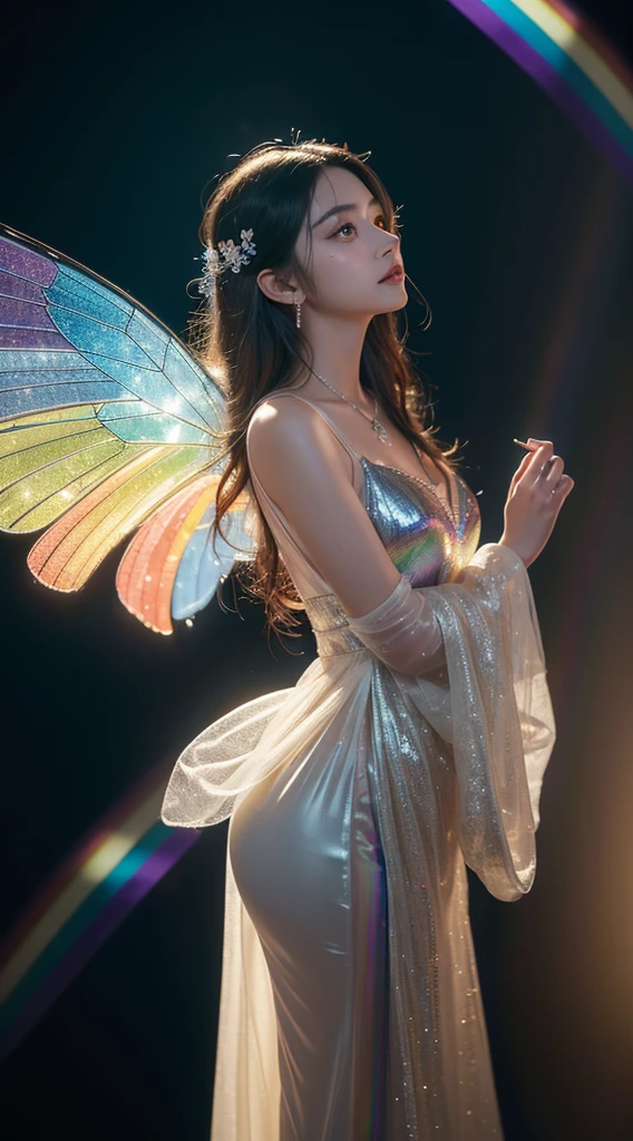 (((tmasterpiece))), (((Best quality at best))), ((ultra - detailed)),(Highly detailed CG illustration), ((Extremely Delicately Beautiful)),电影lamplight, imitate the currently popular style of the genre,Create stunning works of fantasy art. The artwork should contain elements of mythological fantasy and fairy tale fantasy,and comes in dreamy rainbow colors. ((Use the rainbow as the primary color scheme.)) The character in the work is a delicate and strong petite figure,Full of mystery and magic, (Beautiful translucent rainbow wings). Pay close attention to intricate facial features, Such as vibrant colors and bold shadows for captivating eyes. The character's costume should be designed with tulle feathers, silkouette, Amazing embroidery, and subtle iridescent details. An icon that contains a (((Translucent rainbow))), dream colors, 动态照明, and detailed background elements create a sense of awe and immersion. Includes colorful flying magic birds and jewel-toned rainbow butterflies with magical auras. Consider the latest trends in fantasy art, For example, incorporating unique lighting effects, Discover dynamic and eye-catching composition techniques, And try a unique color palette. Get inspired by artists on ArtStation and Midjourney. cameras: Choose an angle that highlights the beauty of the figure and enhances the magical majesty of the work of art. lamplight: Leverage atmospheric lighting techniques to create depth and mood. settle: Aim for high-resolution artwork,Demonstrate intricate detail and clarity. Artistic inspiration: Find inspiration from popular artists on ArtStation, Explore different styles, genre, and the theme.