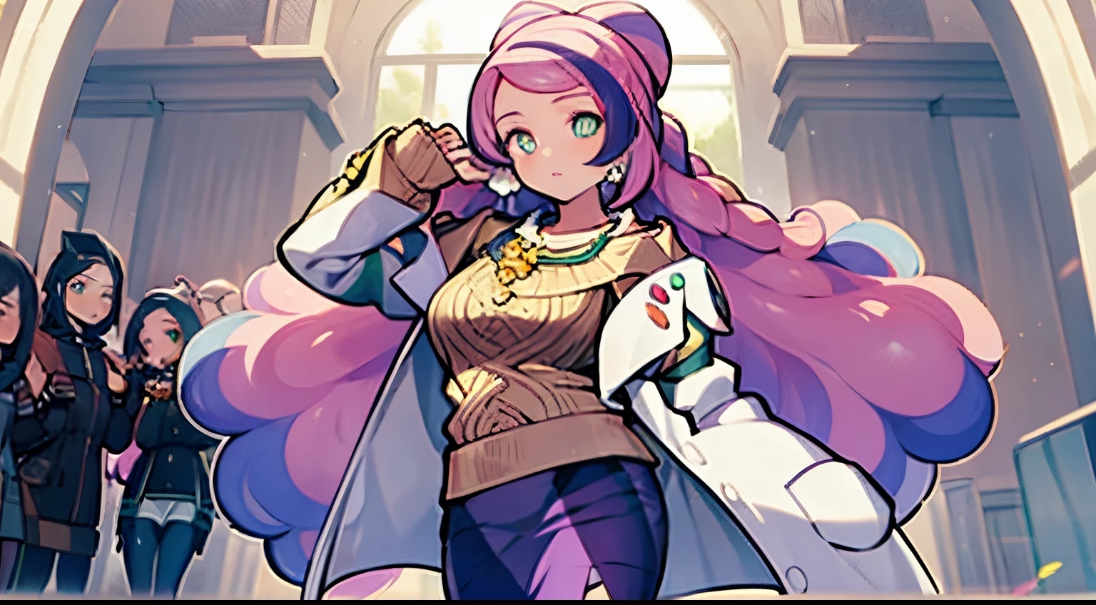 ((4k, masterpiece, top-quality)),8k, best quality, high resolution, HD, unity 8k wallpaper, (illustration:0.8), (beautiful detailed eyes:1.6), extremely detailed face, perfect lighting, extremely detailed CG, (perfect hands, perfect anatomy), super complex details, intricate details, miriam, long hair, purple hair, 1girl, jewelry, green eyes, earrings, coat, looking at viewer, sweater, open coat, solo, skirt, white coat, open clothes, multicolored hair