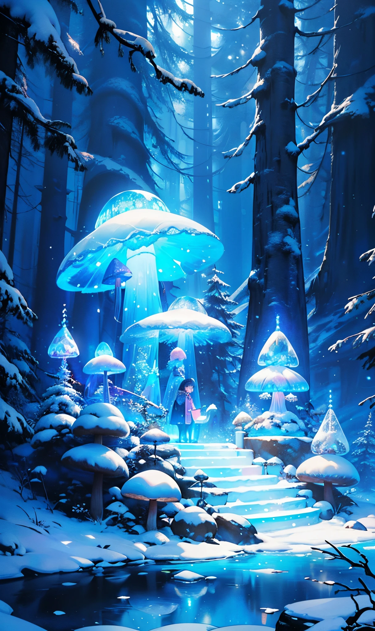((Winter wonderland,glowing winter,))(Best quality at best,A high resolution),Transparent blue glowing snow mushroom,3 Rendering,Crystal clear details,vibrant with colors,gentlesoftlighting,like a dream,Fairytale,obsessed,Whimsical,magical,mistic,Ethereal,Otherworldly,wonderland,