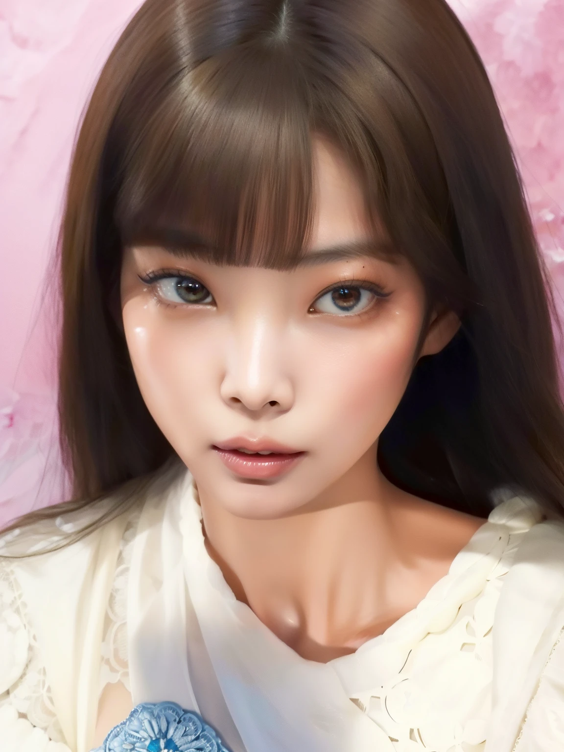 um close up de uma mulher com cabelos longos e uma camisa branca, Rosto bonito das meninas japonesas, bonito rosto de anime natural, maquiagem macia, japanese facial features, menina bonito-fino-cara, franja fofa, com bonito - fino - rosto, beautiful aesthetic face, asian beautiful face, Lalisa Manobal, bonito-fino-cara, bonito - fino - rosto