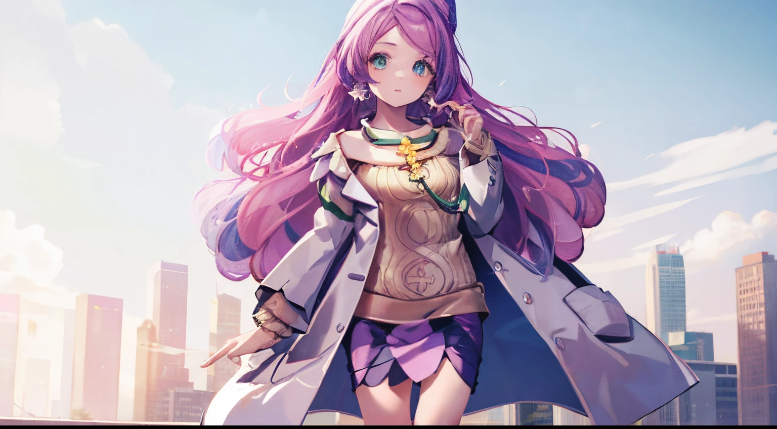 ((4k, masterpiece, top-quality)),8k, best quality, high resolution, HD, unity 8k wallpaper, (illustration:0.8), (beautiful detailed eyes:1.6), extremely detailed face, perfect lighting, extremely detailed CG, (perfect hands, perfect anatomy), super complex details, intricate details, miriam, long hair, purple hair, 1girl, jewelry, green eyes, earrings, coat, looking at viewer, sweater, open coat, solo, skirt, white coat, open clothes, multicolored hair