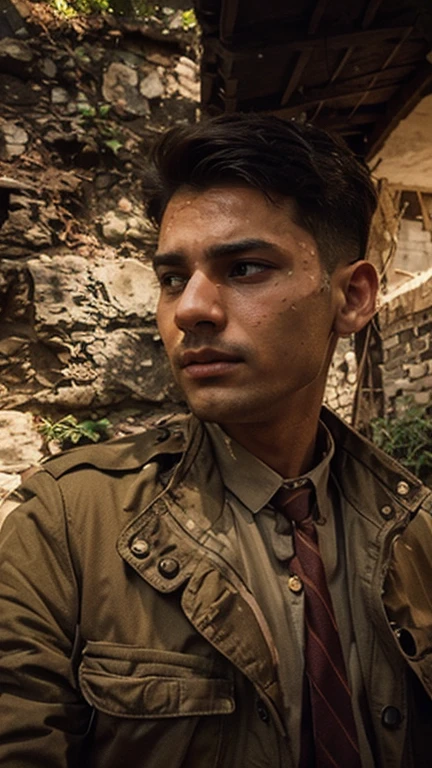 A handsome boy An army chief and real face or 8k quality photo and his background 1947 war be like this and the boy would be looking with his hunter eyes and real face and more details and real photo like this