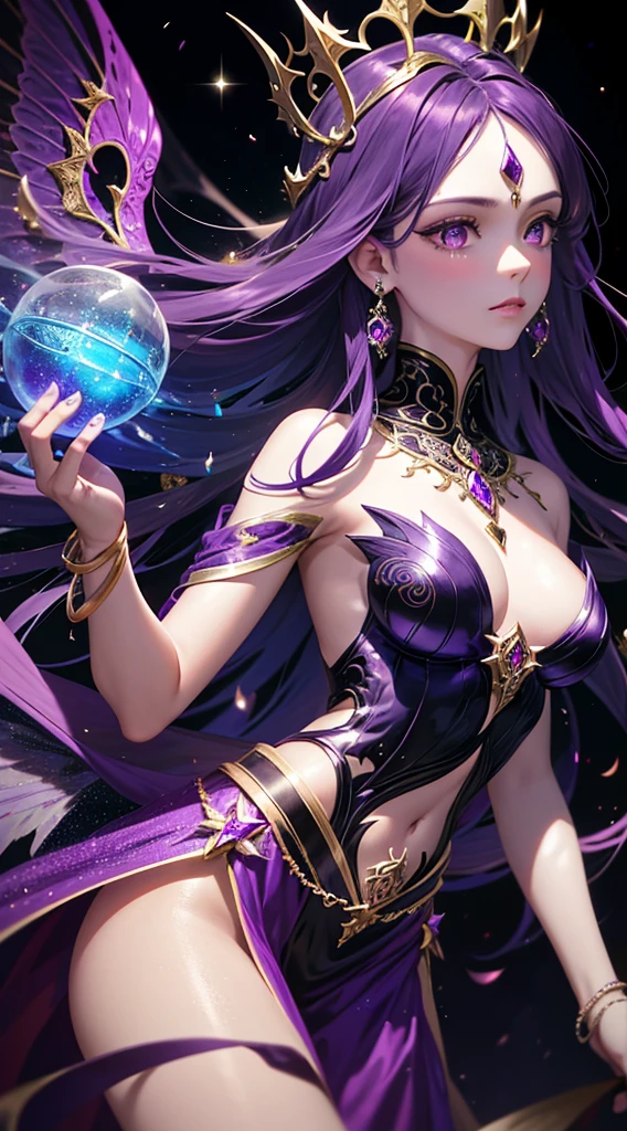 fairy, dark fairy, evil fairy, dark magic, evil magic, glowing purple inlay, mystical, cosmic, goddess, exotic background, intricate jewelry, intricate hairstyle, intricate crown, fairy wings,intricate gown, elegant, sharp focus, illustration, highly detailed, digital painting, masterpiece, photorealistic, high quality, 4k