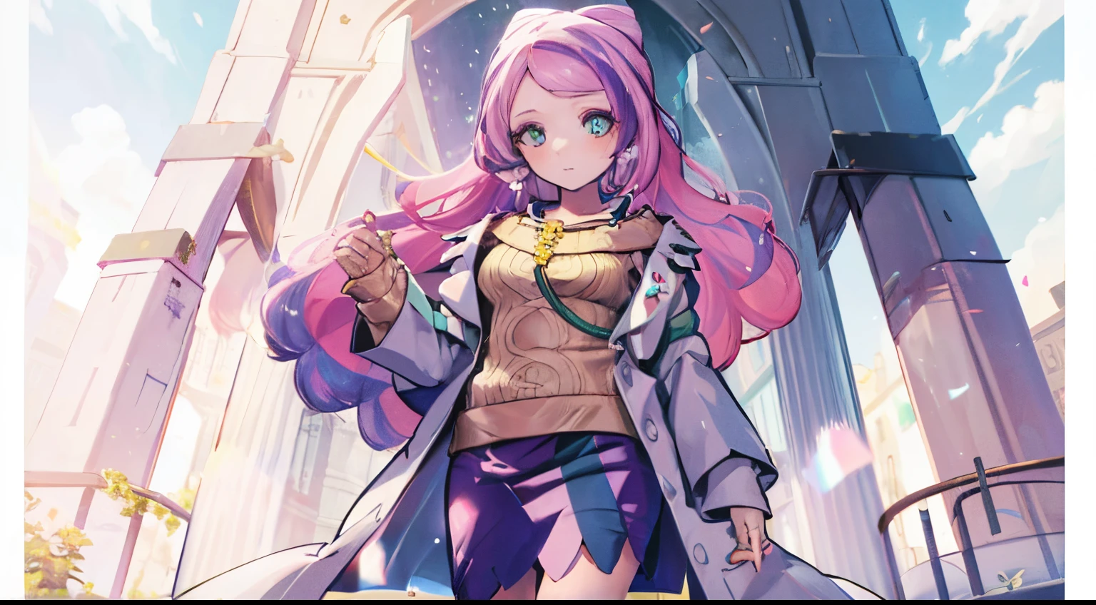 ((4k, masterpiece, top-quality)),8k, best quality, high resolution, HD, unity 8k wallpaper, (illustration:0.8), (beautiful detailed eyes:1.6), extremely detailed face, perfect lighting, extremely detailed CG, (perfect hands, perfect anatomy), super complex details, intricate details, miriam, long hair, purple hair, 1girl, jewelry, green eyes, earrings, coat, looking at viewer, sweater, open coat, solo, skirt, white coat, open clothes, multicolored hair