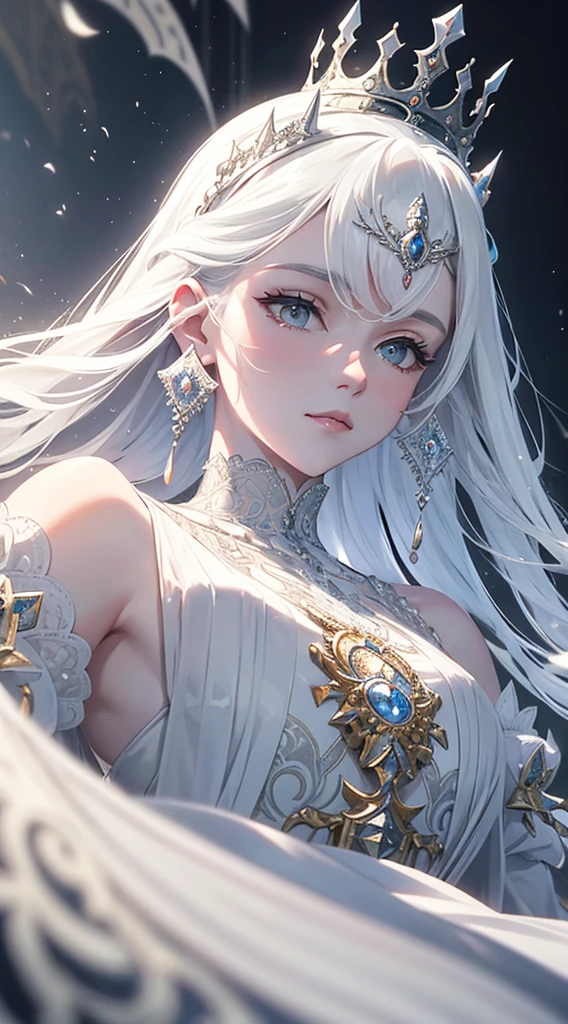 regal queen, white hair, intricate crown, silver detailing, royalty, intricate white gown, silver inlay, delicate, intricate septor, white ,sharp focus, illustration, highly detailed, masterpiece, photorealistic, high quality, 4k