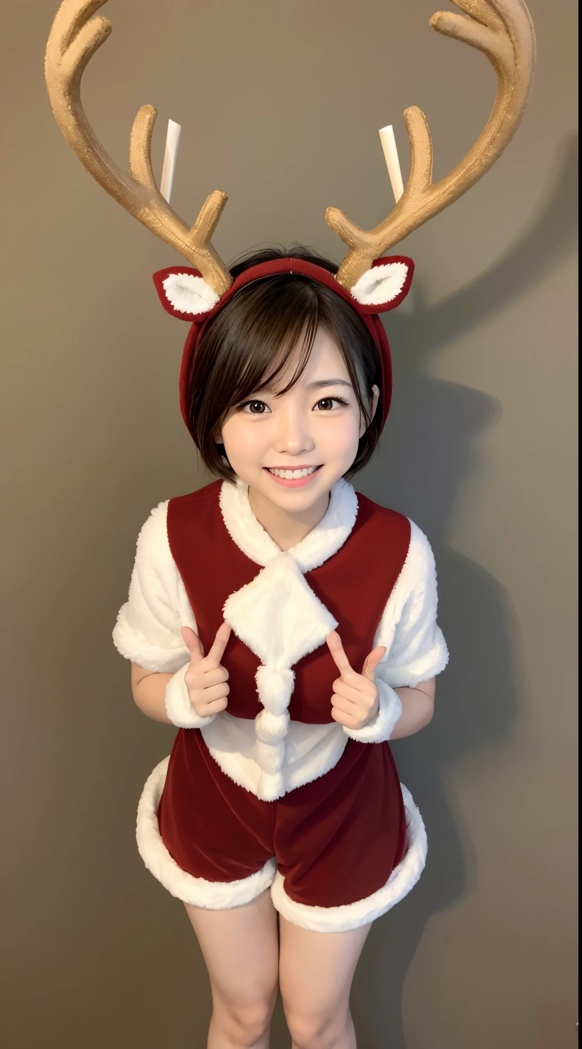 wearing a reindeer costume、Japanese woman with very short brown hair、Christmas Background、Cute smile、