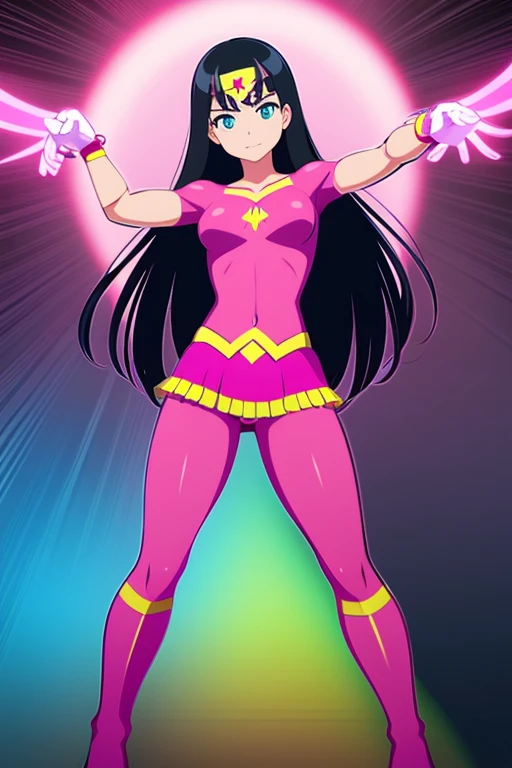 Wonder Woman, standing in downtown Tokyo with lots of pink and teal neon ads, about to lift off, looking straight into camera with a slightly grim look, extremely cute, full body image, satin body suit and skirt