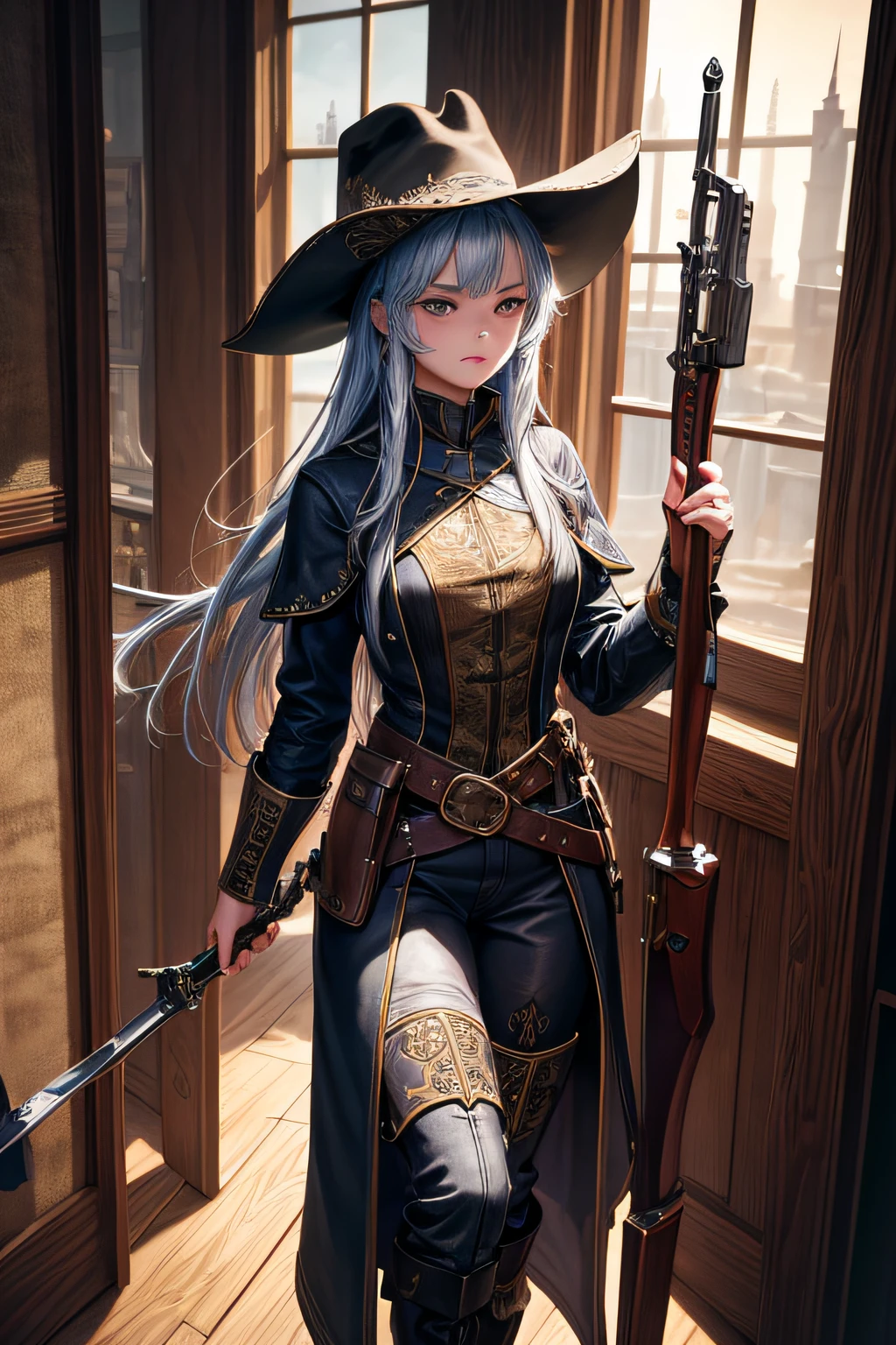 young teen girl, medieval gunslinger, long pants, boots, hat, coat, ,wielding a wild west style remington riffle, small breasts,, highly detailed, vibrant appearance, creative behavior, extremly detailed, imaginative, sensual, spontaneous, highest quality, skin texture, intricate details, (cinematic lighting), RAW photo, 8k, masterpiece,best quality,ultra-detailed,very detailed illustrations,extremely detailed,intricate details,highres,super complex details,extremely detailed 8k cg wallpaper,