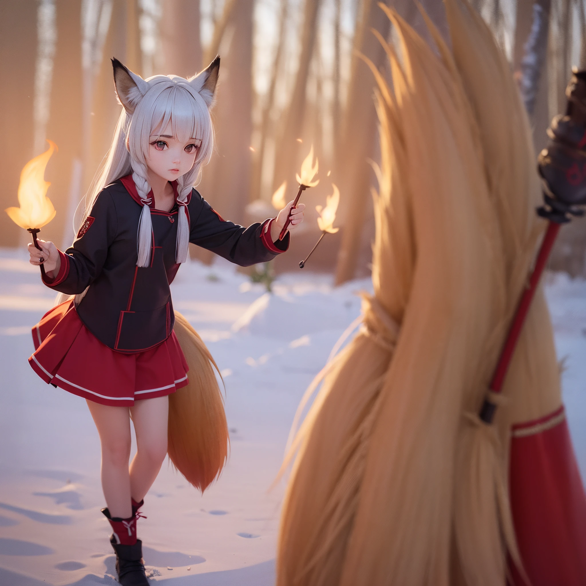 A  girl. fox ears . Foxtail . winter location. fire staff. magic. Vyshivanka.