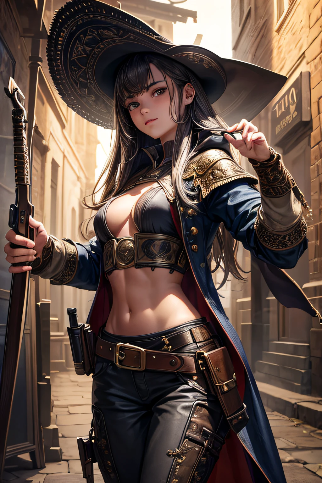 1woman, beautiful face, black hair, long hair, gunslinger, wild west, dark cloak, black bodice, long black skirt, wearing a wide-brimmed top hat, medium breast, slim waist, wide hips, holding a revolver, belly covered, background wild western town