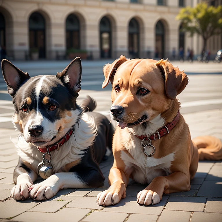 two dogs playing in the square