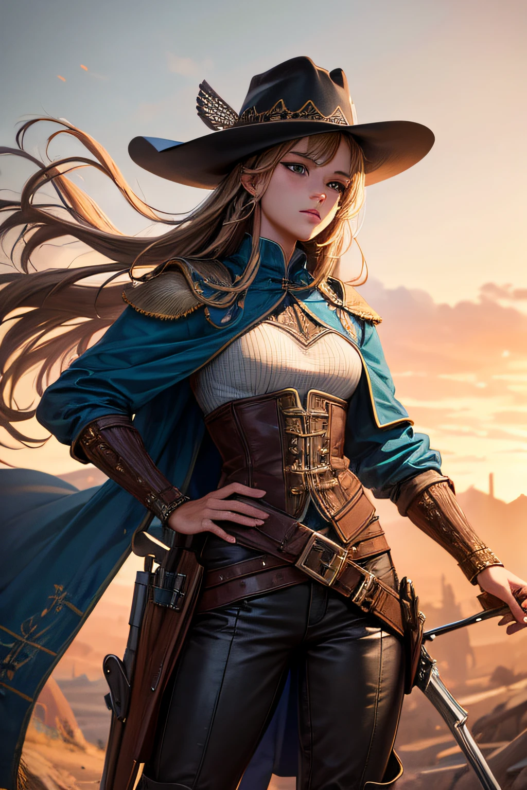 cool awesome swordman, royal looking, western style, female, pirate clothes, less clothes