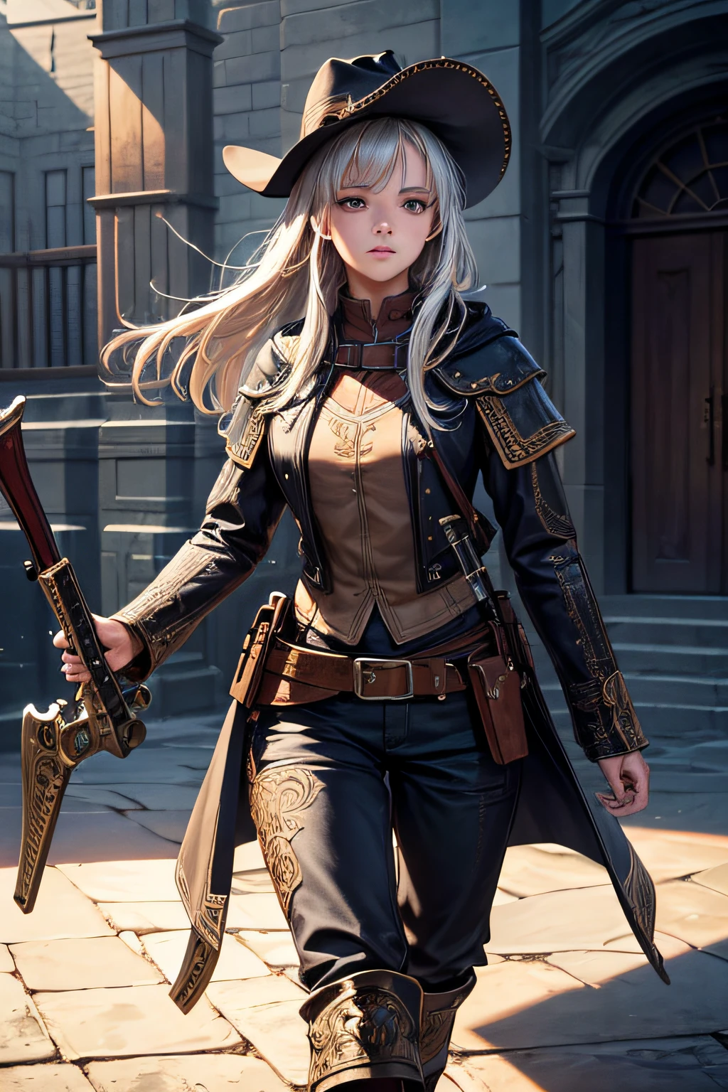 young teen girl, medieval gunslinger, long pants, boots, hat, coat, ,wielding a wild west style remington riffle, small breasts,, highly detailed, vibrant appearance, creative behavior, extremly detailed, imaginative, sensual, spontaneous, highest quality, skin texture, intricate details, (cinematic lighting), RAW photo, 8k, masterpiece,best quality,ultra-detailed,very detailed illustrations,extremely detailed,intricate details,highres,super complex details,extremely detailed 8k cg wallpaper,