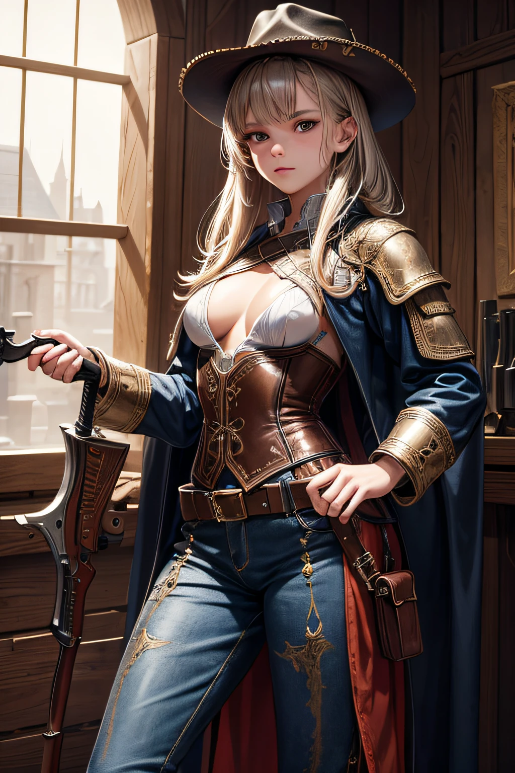 young teen girl, medieval gunslinger, long pants, boots, hat, coat, ,wielding a wild west style remington riffle, small breasts,, highly detailed, vibrant appearance, creative behavior, extremly detailed, imaginative, sensual, spontaneous, highest quality, skin texture, intricate details, (cinematic lighting), RAW photo, 8k, masterpiece,best quality,ultra-detailed,very detailed illustrations,extremely detailed,intricate details,highres,super complex details,extremely detailed 8k cg wallpaper,