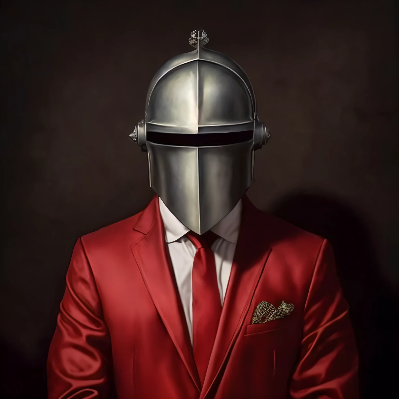 Na imagem, a man is standing, de frente para o espectador. Ele veste um terno elegante na cor vermelha, contrastando com a gravata da mesma tonalidade sobre a camisa branca. The suit is well cut and fits perfectly to the body, demonstrating elegance and style. Entretanto, this man's face is not visible, as it is covered by an impressive medieval helmet. O capacete, elaborado em metal polido, Features intricate details and a visor that hides your facial features, mantendo sua identidade escondida. The firm posture and the combination of the red suit and medieval helmet create an enigmatic atmosphere., conveying a sense of mystery and authority.