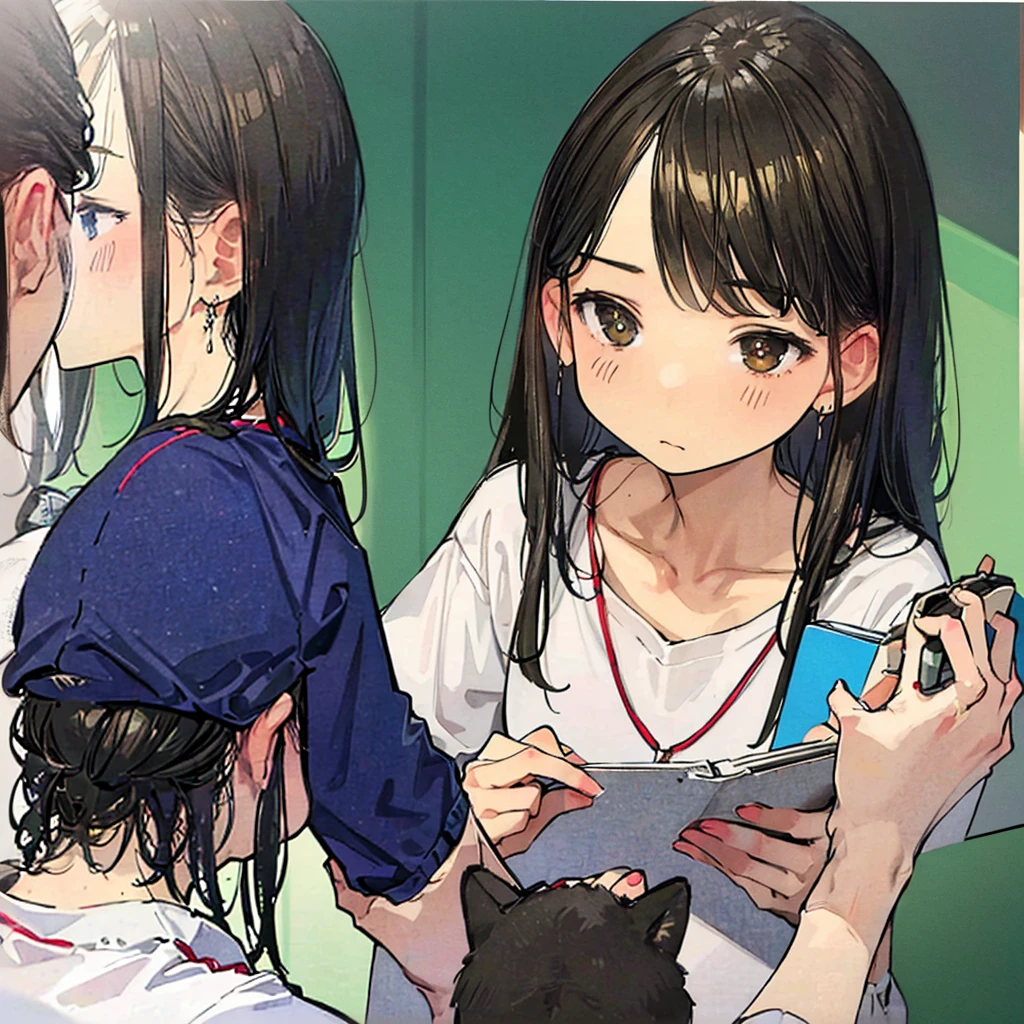 1 girl,Computer, Solo, stairways, Long hair, Brown hair, plant, shirt, Bird, catss reflection in a mirror, appearing through optical illusions, vibrant colors, detailed facial features and expressions, ethereal ambiance, delicate translucency, captivating beauty, surrealistic elements. multiple cats