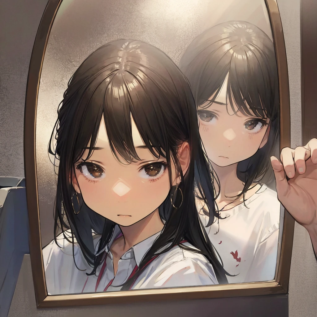 1 girl,Computer， Solo, stairways, Long hair, Brown hair, plant, shirt, Bird, catss reflection in a mirror, appearing through optical illusions, vibrant colors, detailed facial features and expressions, ethereal ambiance, delicate translucency, captivating beauty, surrealistic elements. multiple cats