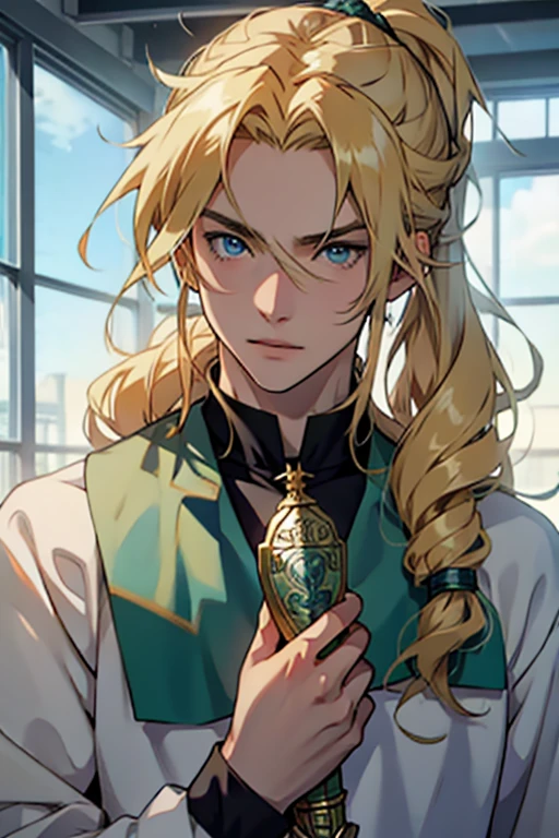 anime man blue eyes and long golden hair, part of which he tied in a ponytail student slytherin