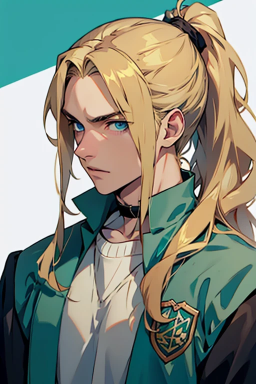 anime man blue eyes and long golden hair, part of which he tied in a ponytail student slytherin