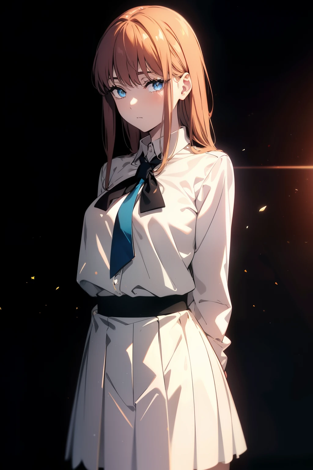 ((defined lines)), (((Obra maestra, La mejor calidad, ultrahigh resolution))), (((wide shot))), 1girl, standing, school uniform, white office shirt, black pleated skirt, ((light brown hair:0.7)), long hair cut, pale skin, ((blue eyes)), glowing_eyes, neon eyes, (ultra detailed eyes, beautiful and detailed face, detailed eyes), ((centered subject)), ((wide shot)), facing viewer, eye level, (sunset background), flat chested, looking at viewer, ((half closed eyes)), ((perfect hands)), (((head:0.9, arms, standing, elbows, in view))), ((hands behind back)), empty eyes, beautiful lighting, outside, outdoors, shooting star:0.7, background, defined subject, massive hot sun, 25 years old