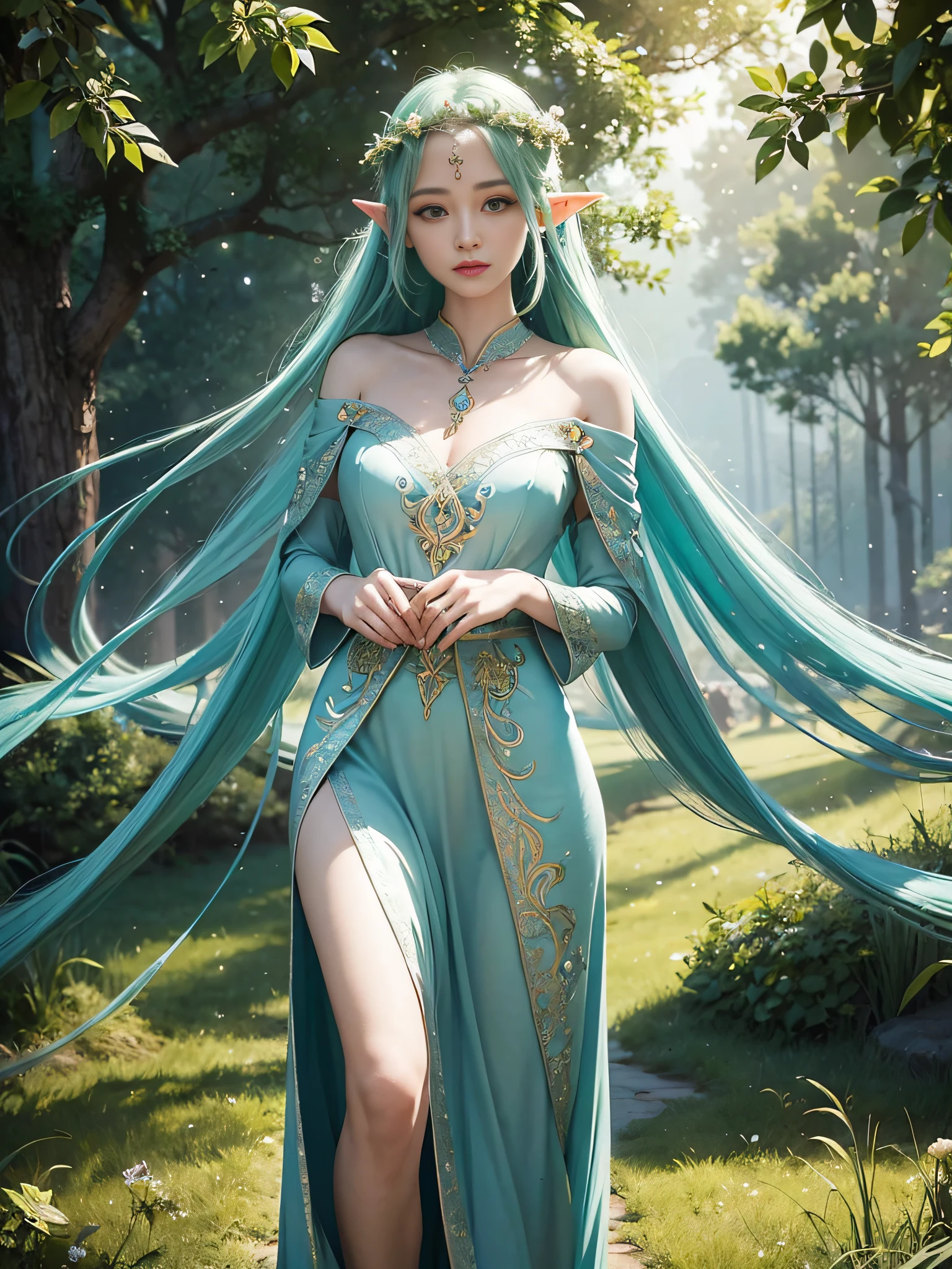Graceful elven girl standing in meadow, Delicate face illuminated by the soft light of the setting sun. Her long, Flowing hair runs down your back, Decorated with intricate braids、Adorned with sparkling gemstones. This great photo 、、、It captures the ethereal beauty of elves. Slender figure in silk dress、Swaying in the soft steppe breeze. Attention to detail、Face that ace that ace that ace that 、It  evident in the intricate patterns of the dress and the subtle highlights of the luminescence. skin. The breathtaking portrayal of the elven girl 、、、、、Create an enchanting atmosphere、It invites the viewer to a magical world. emerald green hair color and eye,