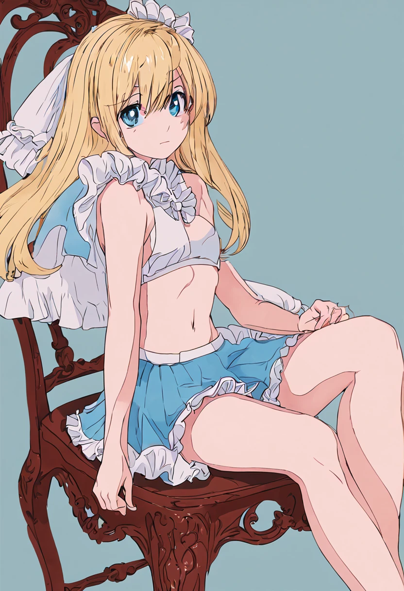 nsfw loli shirtless　Cute Alice with blonde hair from Alice in Wonderland　Sitting on a chair, cute underwear with frill decorations　opening legs　pick up the skirt　leg ruffle band　toppless　No pants　high quality breasts