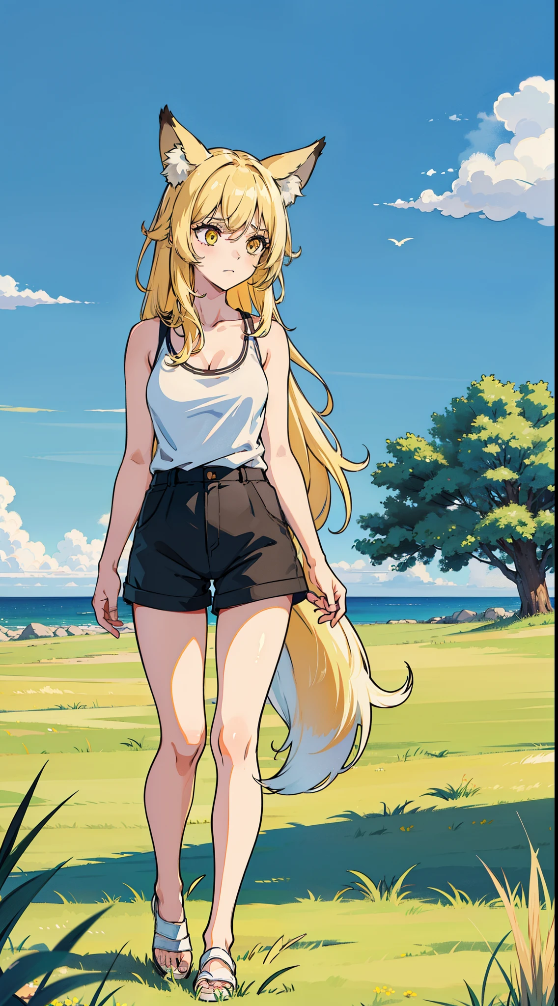 1girl,(sad),medium breasts,cleavage,white tank top,black shorts,blonde hair,long hair,yellow eyes,fox ears,bare feets,((standing in,grass,blue sky,)),legs together