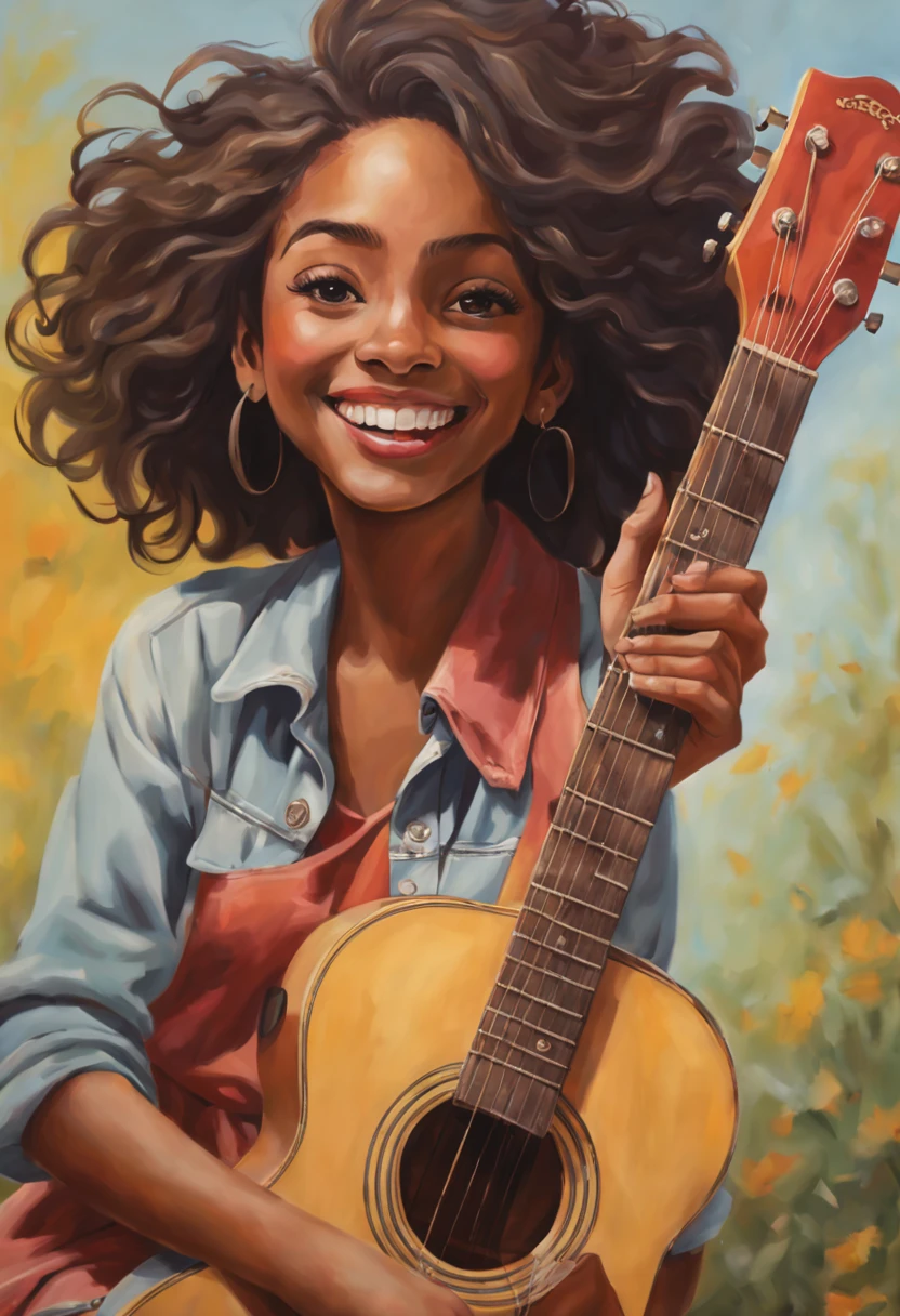 capturing a close-up portrait of a girl exuding happiness as she strums a guitar, her smile radiating the joy of everyday music, in a setting that complements her personal style, embodying the essence of everyday life with an honest and truthful representation of