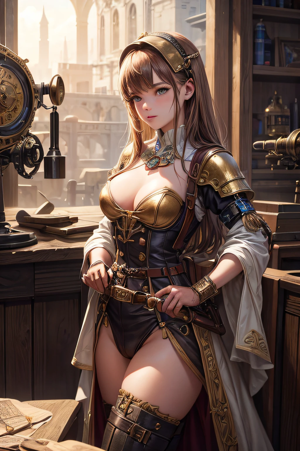 , medieval inventor, clothes from steampunk era, using a lot of tools and gadgets, small breasts,, highly detailed, vibrant appearance, creative behavior, extremly detailed, imaginative, sensual, spontaneous, highest quality, skin texture, intricate details, (cinematic lighting), RAW photo, 8k, masterpiece,best quality,ultra-detailed,very detailed illustrations,extremely detailed,intricate details,highres,super complex details,extremely detailed 8k cg wallpaper,