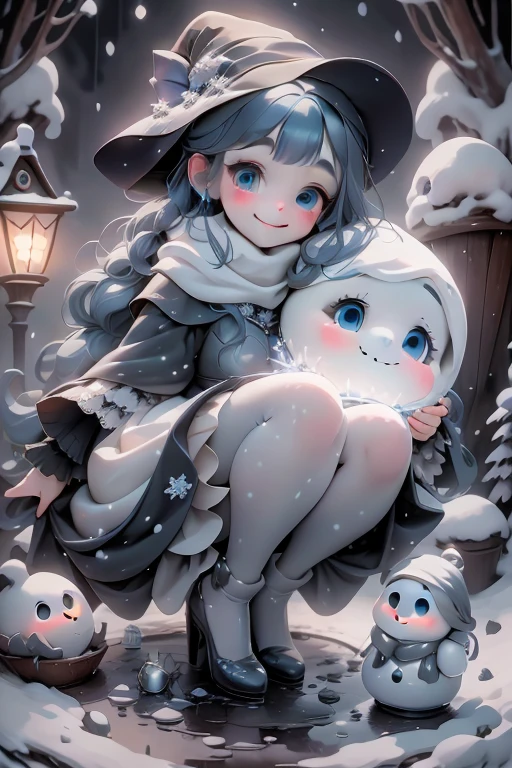masterpiece, best quality, a girl smiling slouching on steampunk sleigh, christmas (crop shirt), christmas skirt, white tights, (((red lolita pumps))), holding a steampunk candle, magical garden at night, magic sparkles floating, 3DMM, 3D Chibi Figure, snowwhite, (outdoors)